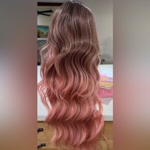 HAIR, 28” Long Layers, Lace at Center Part, Ombre Brown/Pink